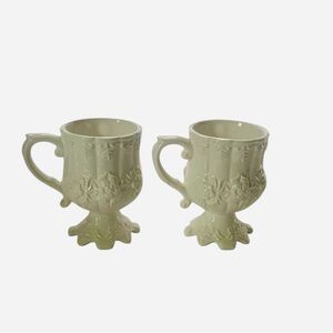 Ornate Pedestal White Ceramic Mug Scalloped Handle Set of 2